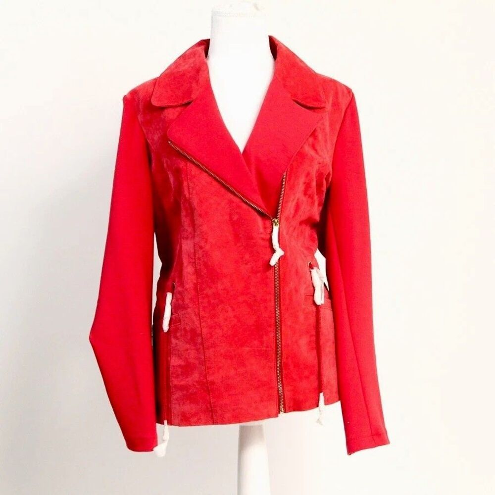 NWT Iman Red Suede/ Leather Womans Moto Jacket Full Zip Long Sleeve Size Large